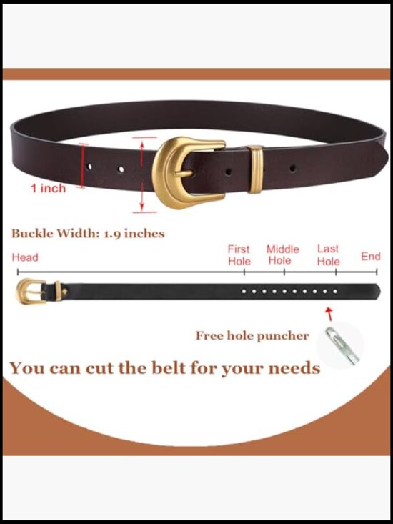 Genuine Leather Belt with Silver Gold Buckle for Women Western Style